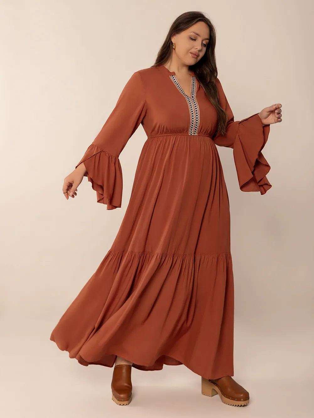 Plus Size Ruffled Notched Long Sleeve Midi Dress - Glamourous Grace