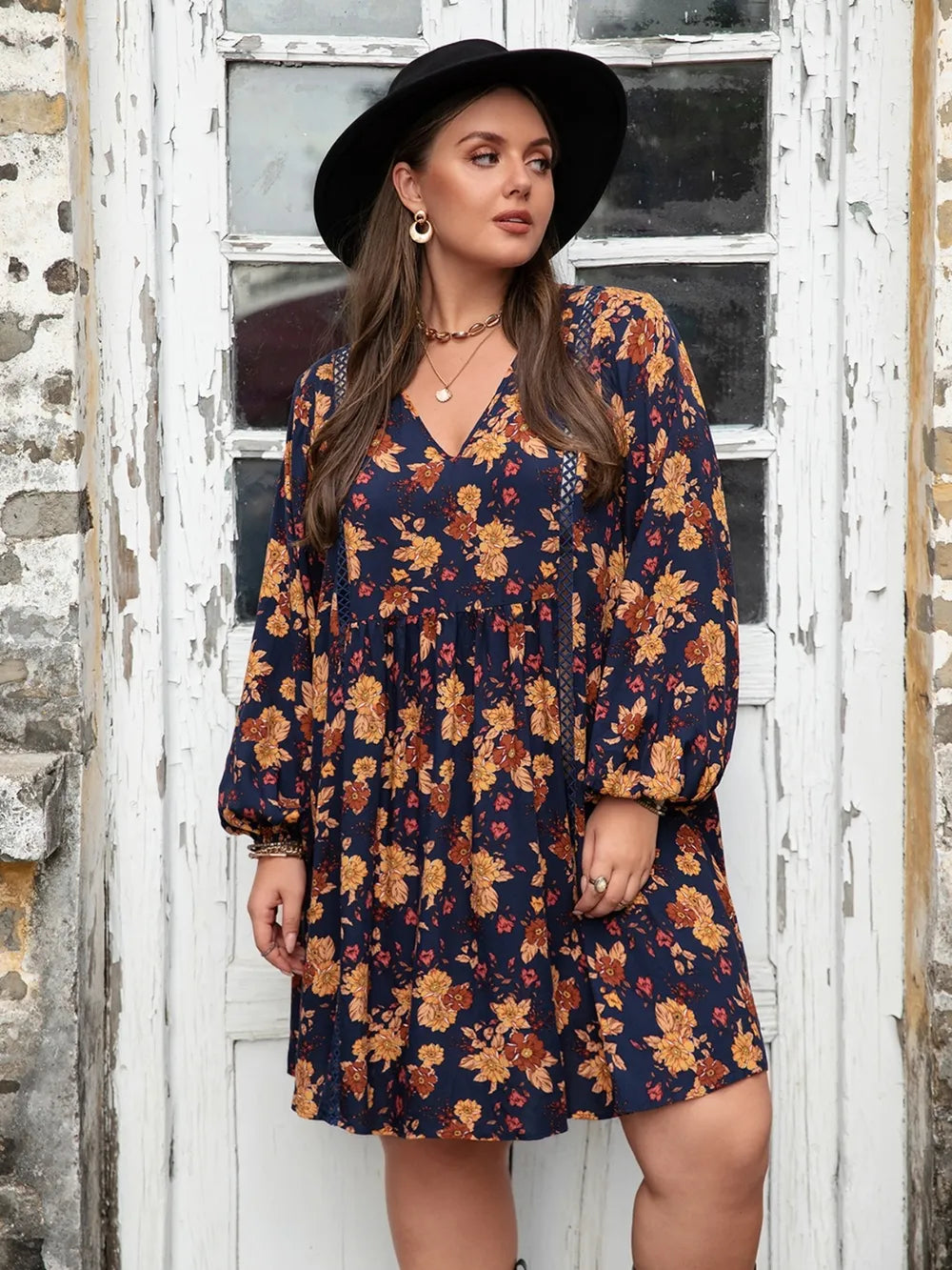 Plus Size Floral V-Neck Balloon Sleeve Dress - Glamourous Grace
