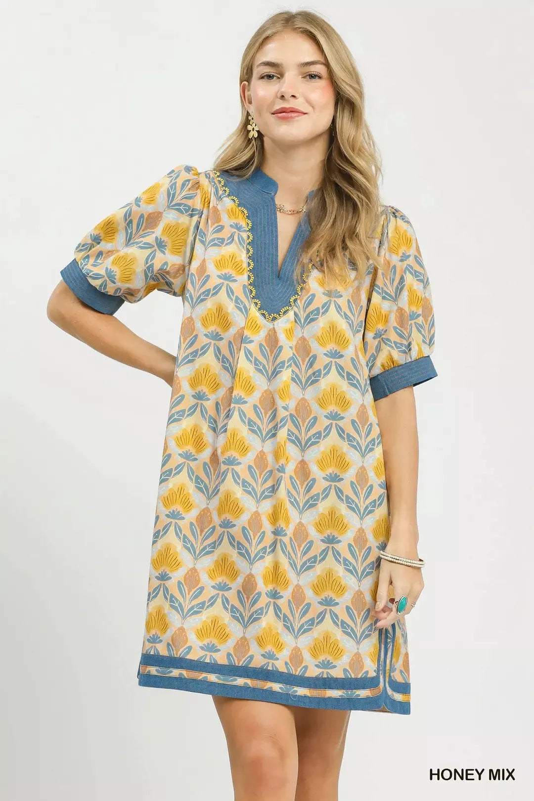 Umgee Mix Tile Print Mini Dress in Honey Mix - Glamourous Grace