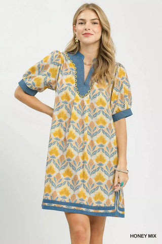 Umgee Mix Tile Print Mini Dress in Honey Mix - Glamourous Grace