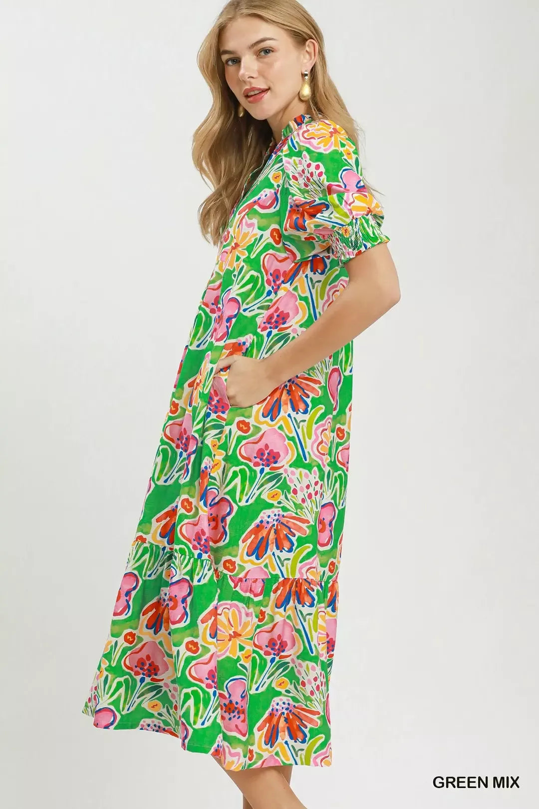 Umgee Floral Print Puff Sleeve Tiered Midi Dress - Glamourous Grace