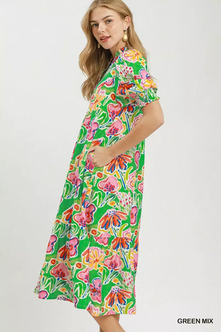 Umgee Floral Print Puff Sleeve Tiered Midi Dress - Glamourous Grace