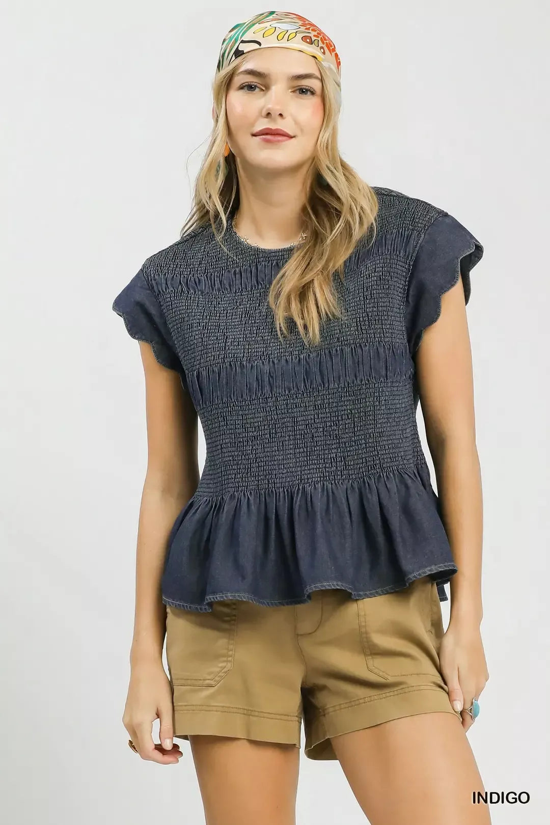 Umgee Smocked Peplum Top with Scalloped Ruffle Cap Sleeves - Glamourous Grace