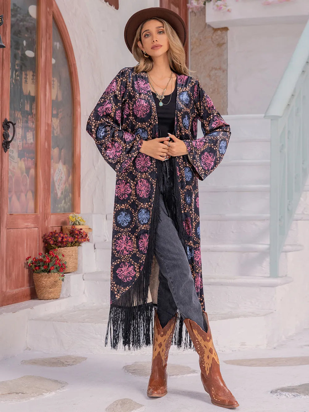 Fringe Open Front Long Sleeve Cardigan - Glamourous Grace