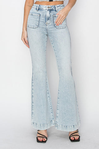 Risen Patch Pocket Flared Leg Light Blue Washed Denim Jeans