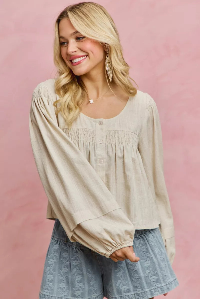 SO ME Linen Blend Woven Long Sleeve With Smocking Top - Glamourous Grace