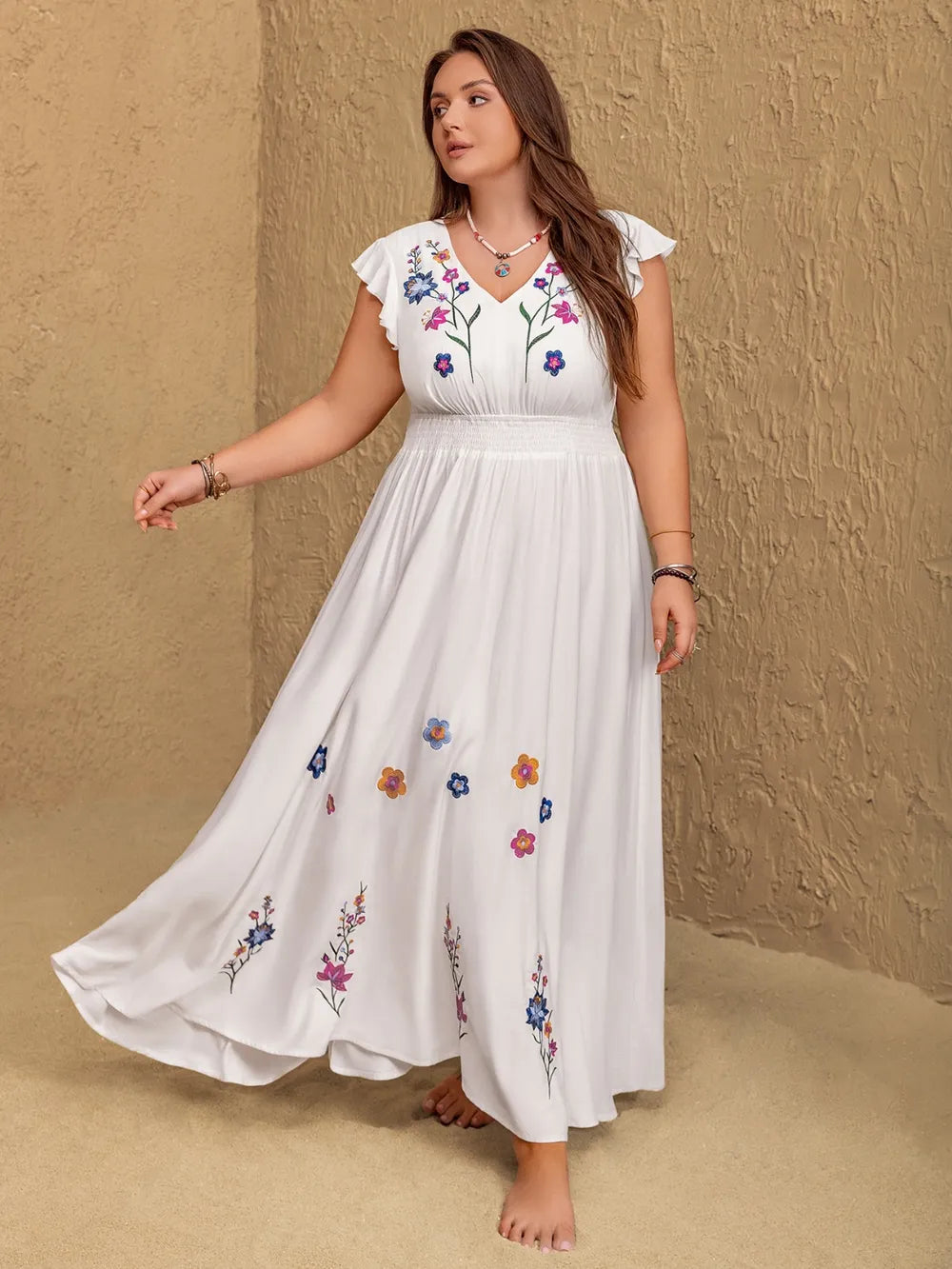 Plus Size Embroidered Floral V-Neck Cap Sleeve Maxi Dress - Glamourous Grace