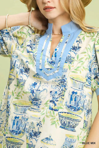 Umgee Abstract Print V-Neck Top in Blue Mix - Glamourous Grace