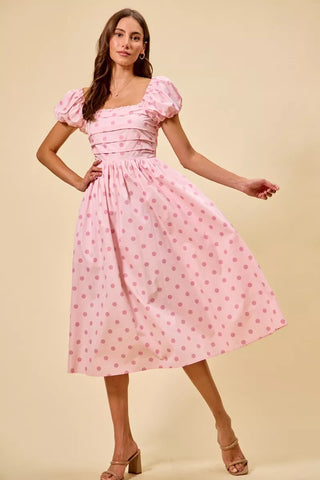 SO ME Polka Cotton Print Short Sleeves Midi Dress - Glamourous Grace
