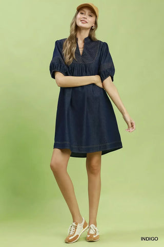 Umgee Notched Puff Sleeve Mini Dress with Pockets - Glamourous Grace