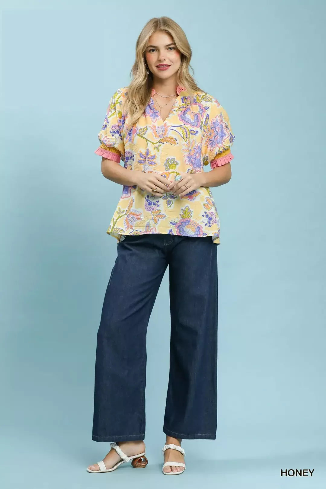 Umgee Floral Print Ruffled Short Sleeve Top - Glamourous Grace