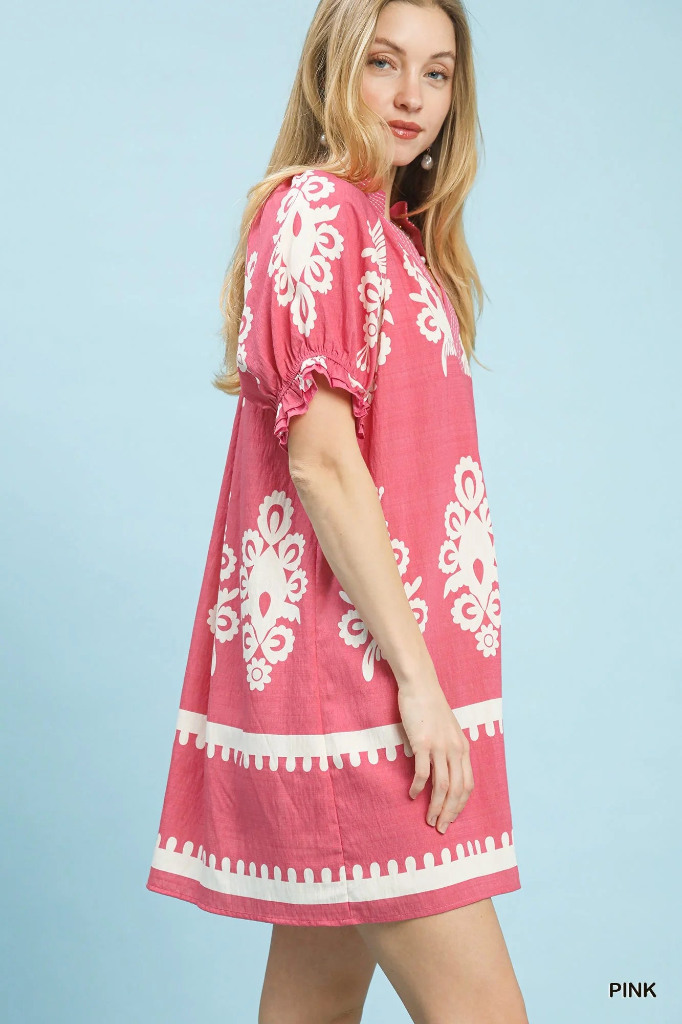 Umgee Two Tone Border Print Mini Dress in Pink - Glamourous Grace