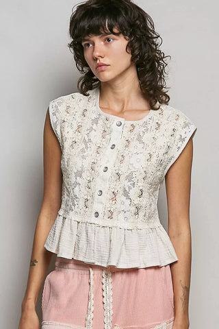 POL Round Neck Lace Sleeveless Top with Double Gauze Ruffle - Glamourous Grace
