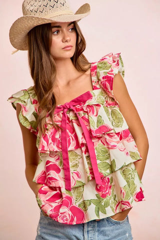 BiBi Floral Print Woven Bow Tie Ruffle Square Neck Top - Glamourous Grace