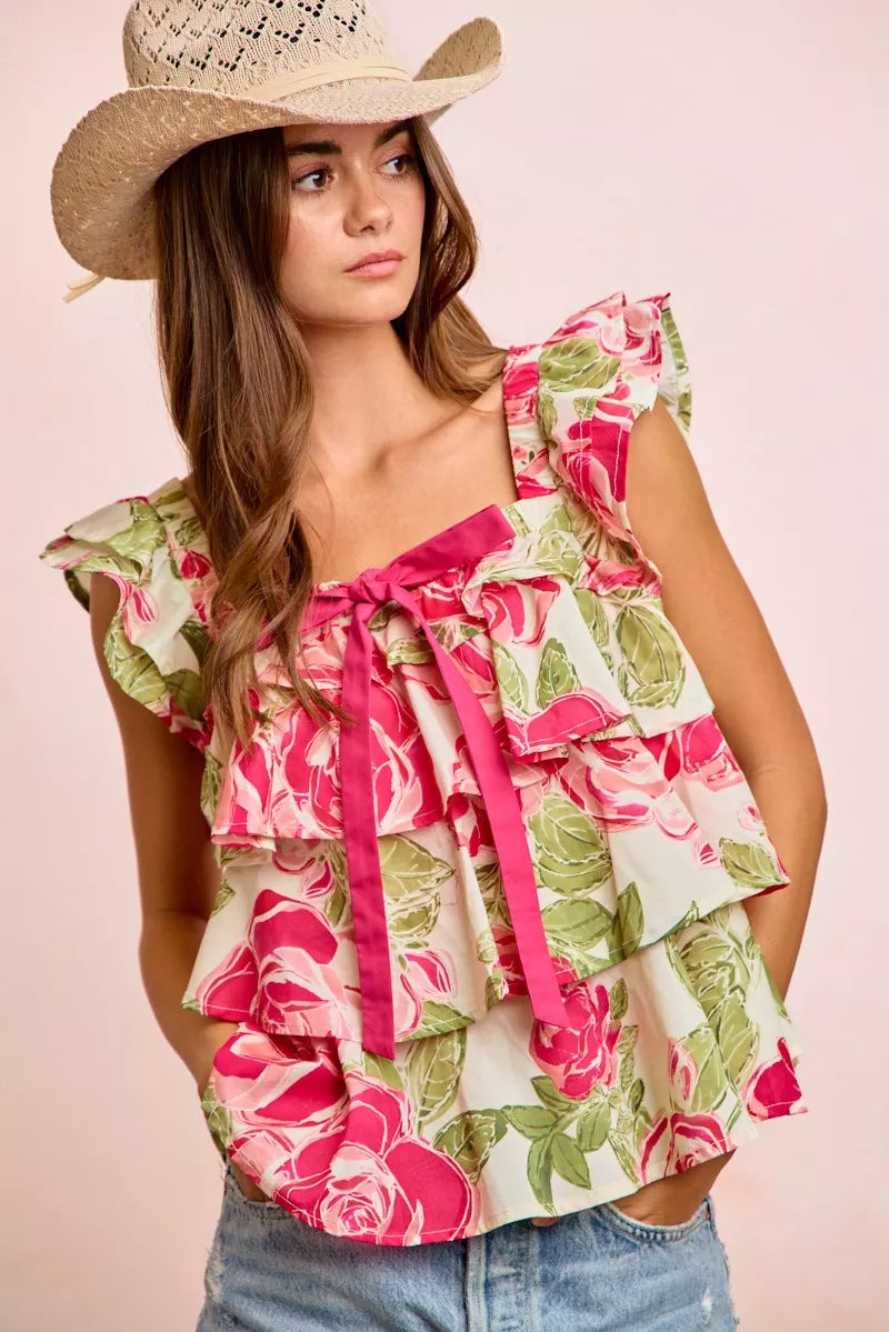 BiBi Floral Print Woven Bow Tie Ruffle Square Neck Top - Glamourous Grace