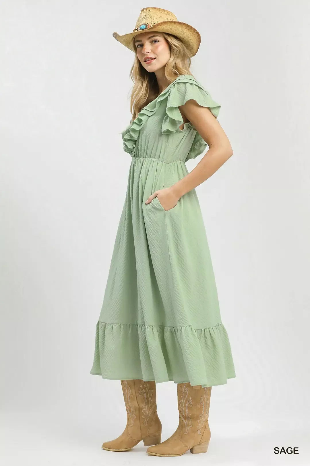 Umgee Textured Ruffle Midi Dress - Glamourous Grace