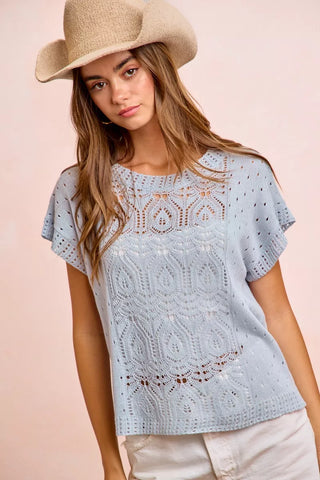 BiBi Washed Eyelet Short Sleeve Breathable Knit Top - Glamourous Grace