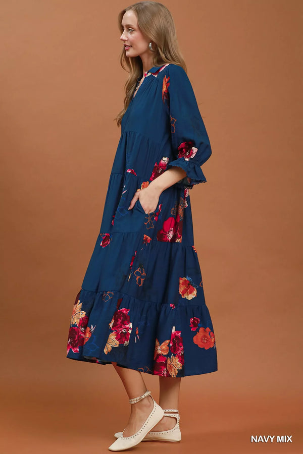 Umgee Floral Print Tiered Midi Dress with Puff Sleeves - Glamourous Grace