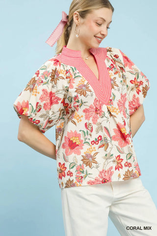 Umgee Mix Floral Puff Sleeve Blouse in Coral - Glamourous Grace