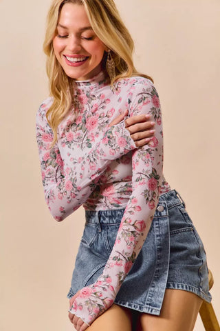 SO ME Floral Rose Print Mesh Sheer Layering Top - Glamourous Grace