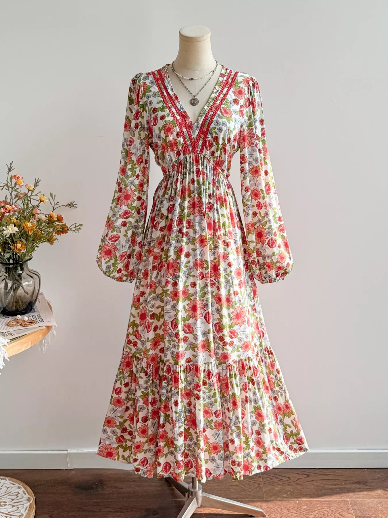 Floral Print V-Neck Bohemian Midi Dress - Glamourous Grace