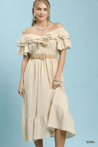 Umgee Textured Ruffle Midi Dress in Ecru - Glamourous Grace