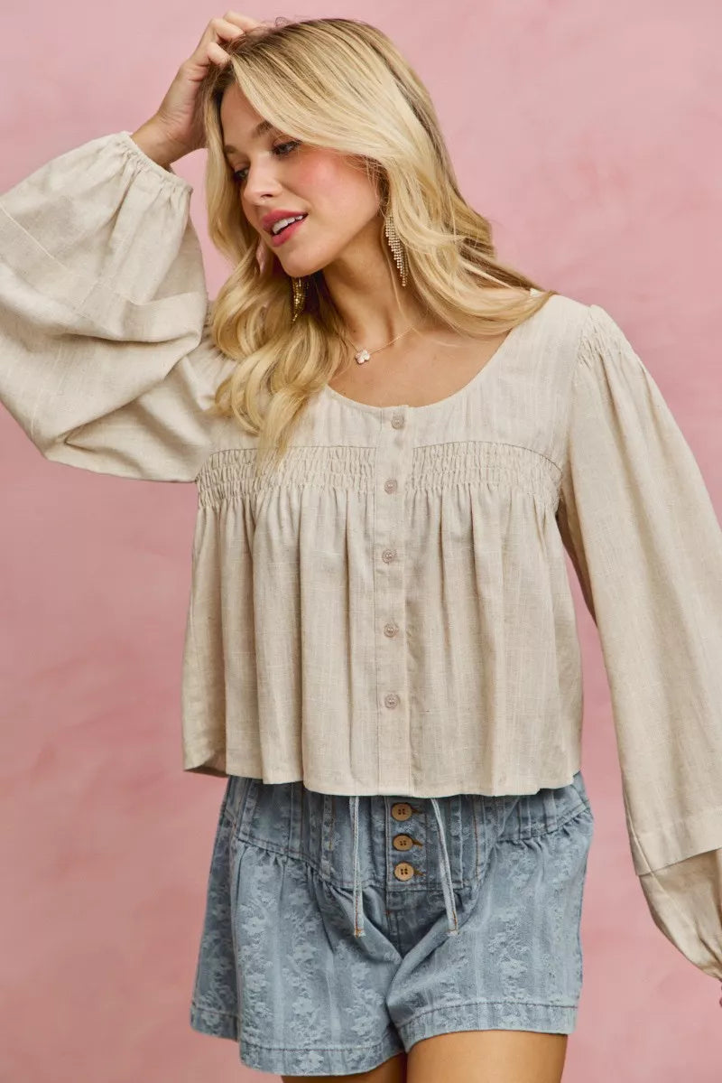 SO ME Linen Blend Woven Long Sleeve With Smocking Top - Glamourous Grace
