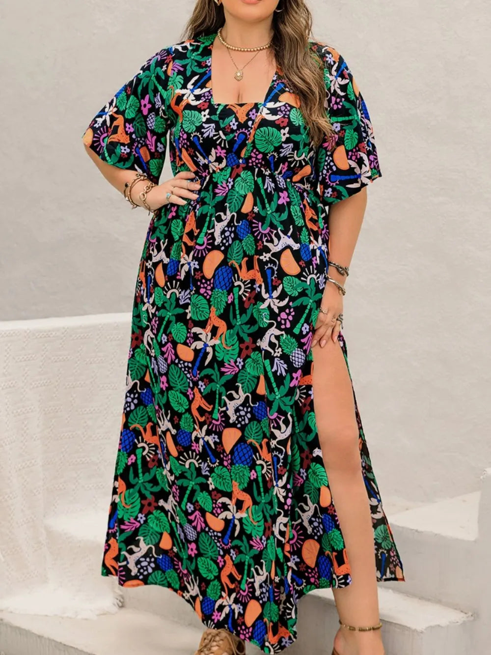 Plus Size Printed Maxi Split Dress - Glamourous Grace