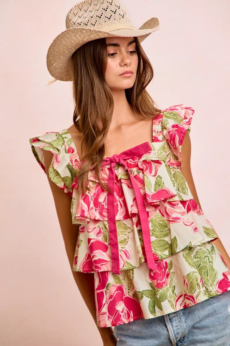 BiBi Floral Print Woven Bow Tie Ruffle Square Neck Top - Glamourous Grace
