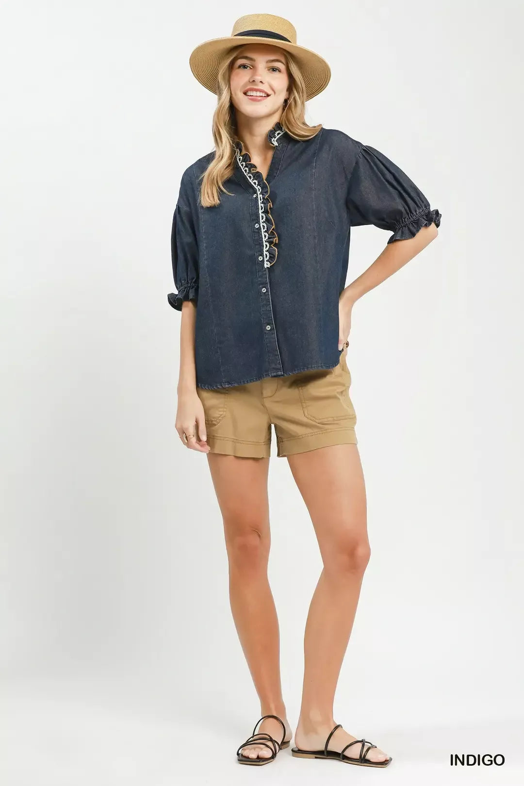 Umgee Chambray Scalloped Trim Button Front Blouse - Glamourous Grace