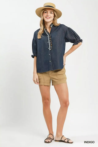 Umgee Chambray Scalloped Trim Button Front Blouse - Glamourous Grace