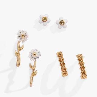 Daisy Flower Stud and Huggie Hoop Earring Set of 3