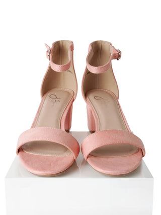 J.Adams Daisy blush suede heels with elegant pointed toes and sleek stiletto heels, displayed on a neutral background.