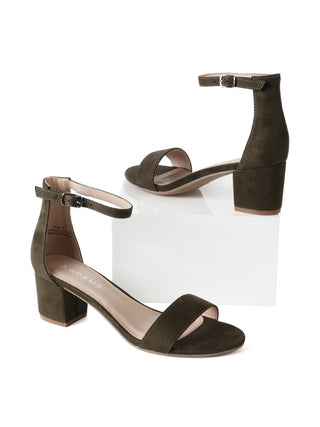 J.Adams Daisy olive suede heels with pointed toe and ankle strap, stylish women's footwear on a neutral background.