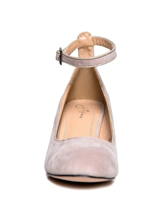 Beige suede heels from J.Adams Darling collection, stylish women’s pumps with pointed toes and elegant design.