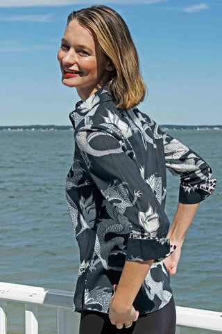 3/4 Sleeve Rome Shirt Black and White Dragons On Voile - Glamourous Grace