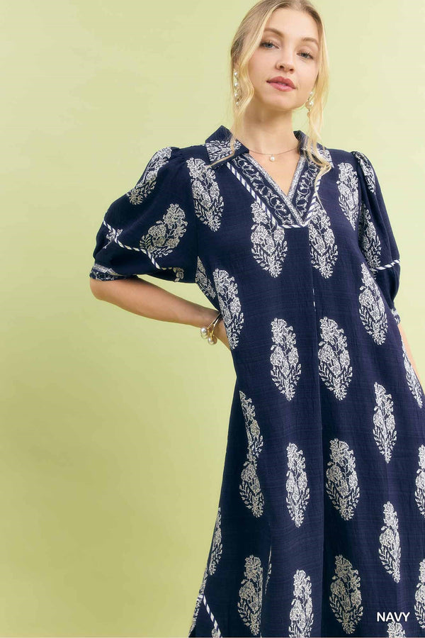 Umgee Border Print Collared Midi Dress - Glamourous Grace