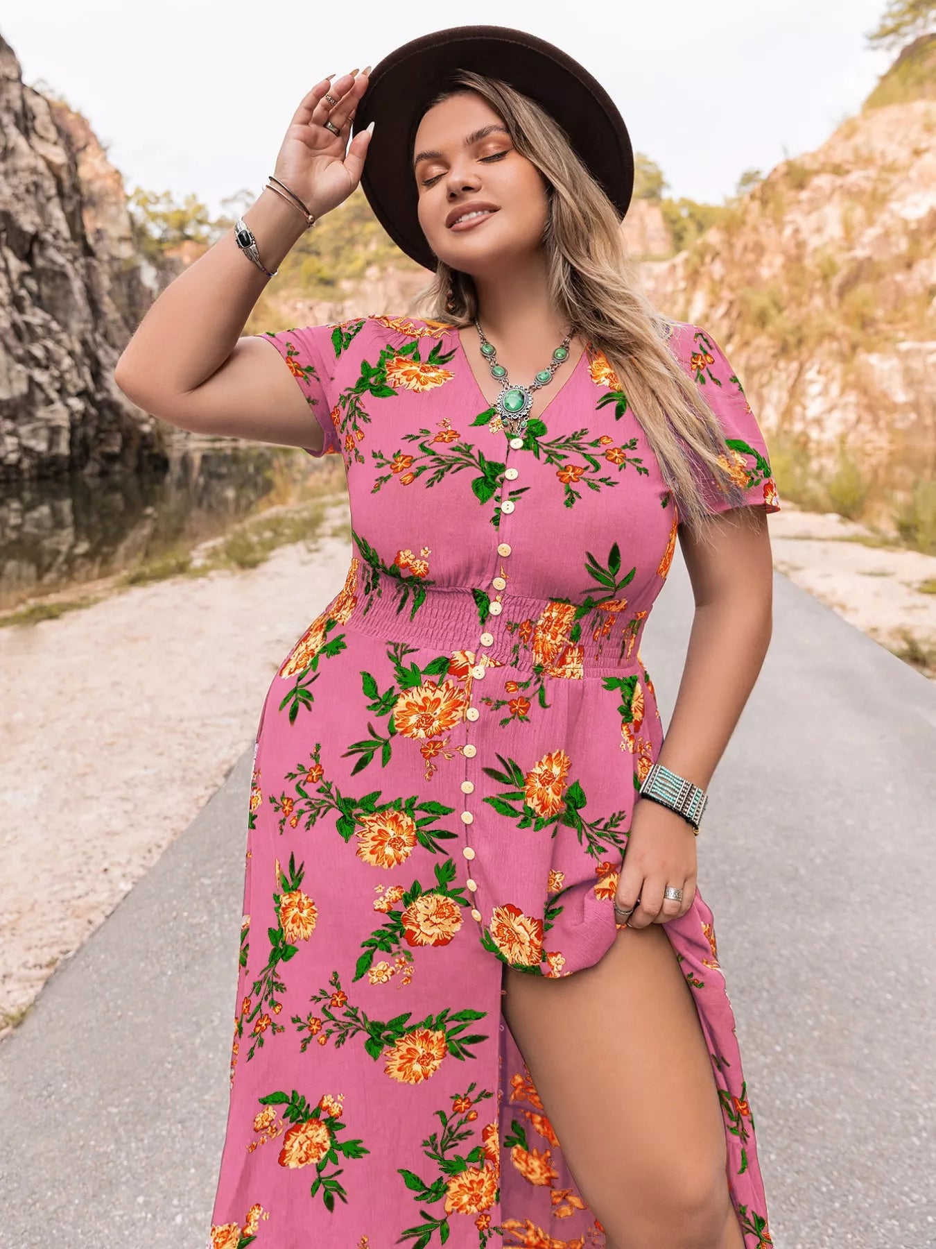 Plus Size Floral V-Neck Short Sleeve Maxi Dress - Glamourous Grace
