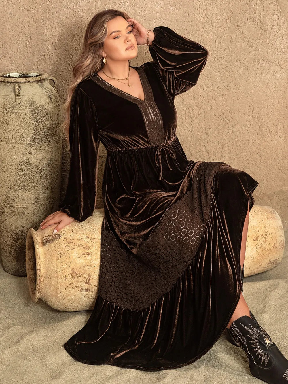 Plus Size V-Neck Balloon Sleeve Maxi Dress - Glamourous Grace