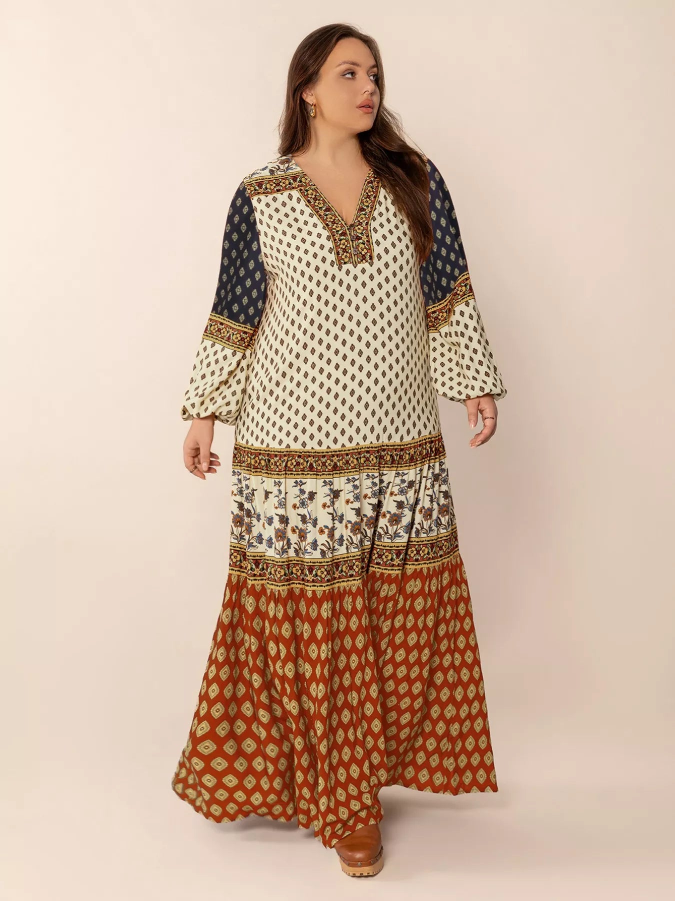 Plus Size Notched Balloon Sleeve Maxi Dress - Glamourous Grace