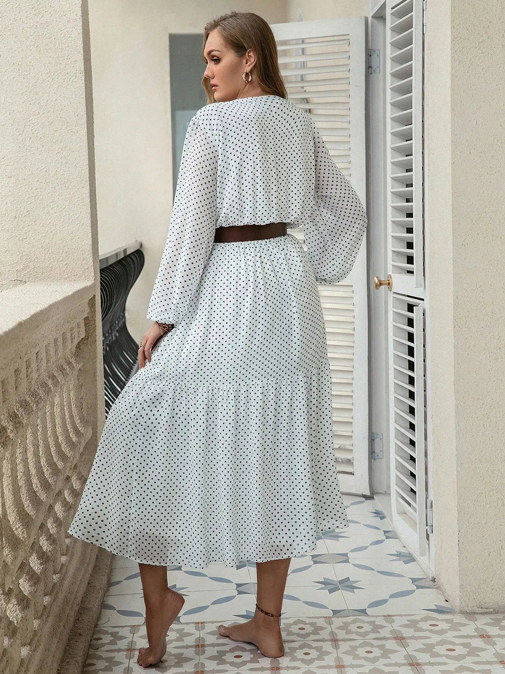 Plus Size Printed Tie Neck Long Sleeve Midi Dress - Glamourous Grace