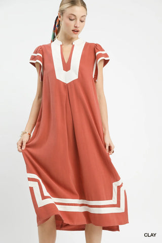 Umgee Linen Cotton Contrast Neckline Midi Dress in Clay - Glamourous Grace