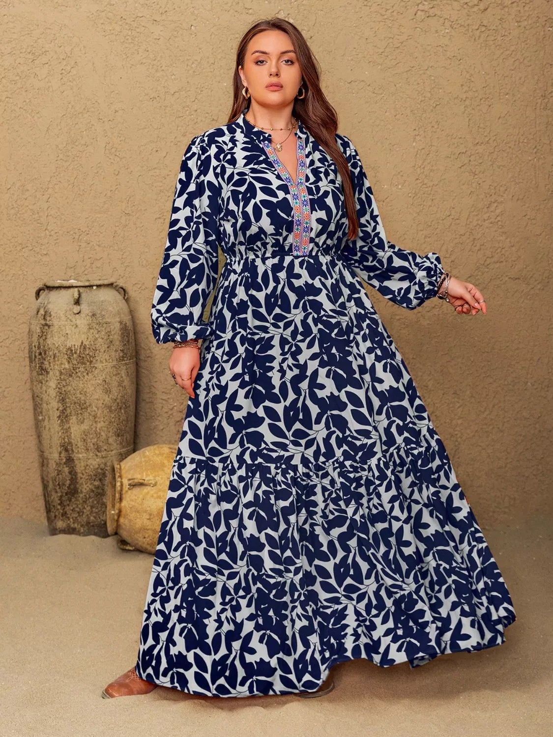 Plus Size Floral Print Notched Long Sleeve Maxi Dress - Glamourous Grace