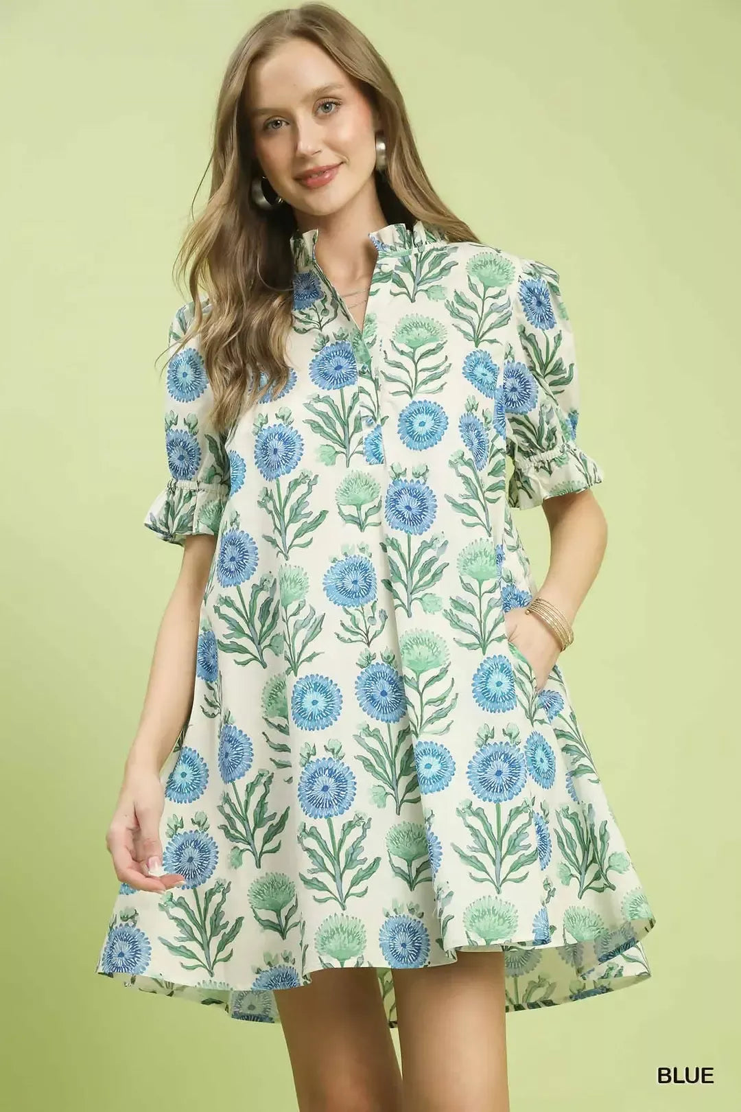 Umgee Floral Puff Sleeve Babydoll Dress with Side Pockets - Glamourous Grace