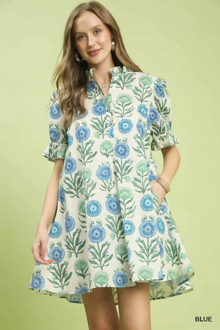 Umgee Floral Puff Sleeve Babydoll Dress with Side Pockets - Glamourous Grace