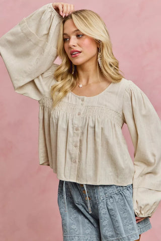 SO ME Linen Blend Woven Long Sleeve With Smocking Top - Glamourous Grace