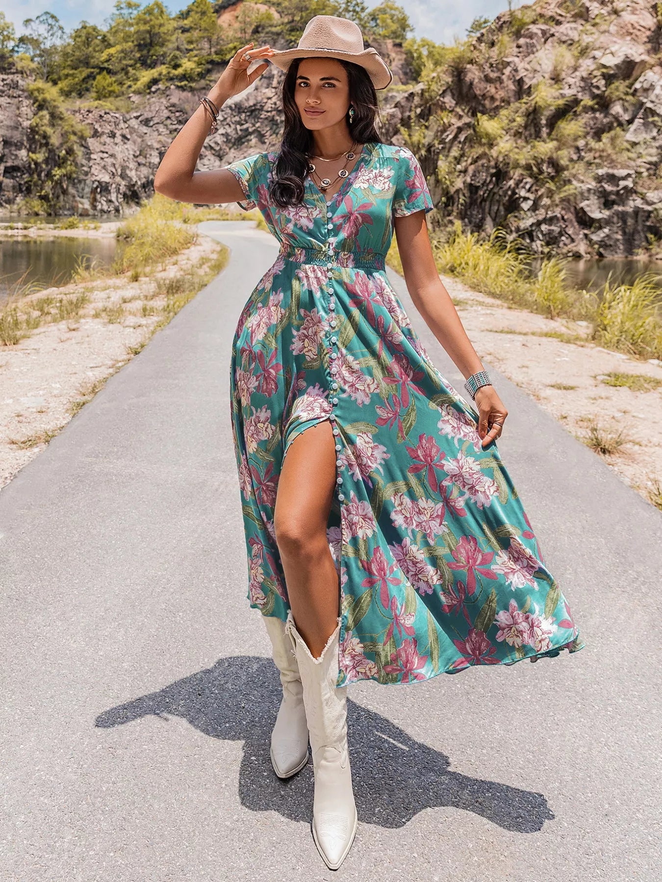 Floral Print Short Sleeve Dress - Glamourous Grace