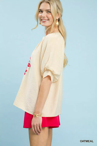 Umgee Embroidered Puff Sleeve Blouse - Glamourous Grace