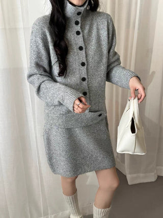 Women 2026 Fall Winter New Arrival, Vintage Button Stand Collar Cardigan Sweater, Loose Casual Knit Midi Skirt 2-Piece Outfit Set