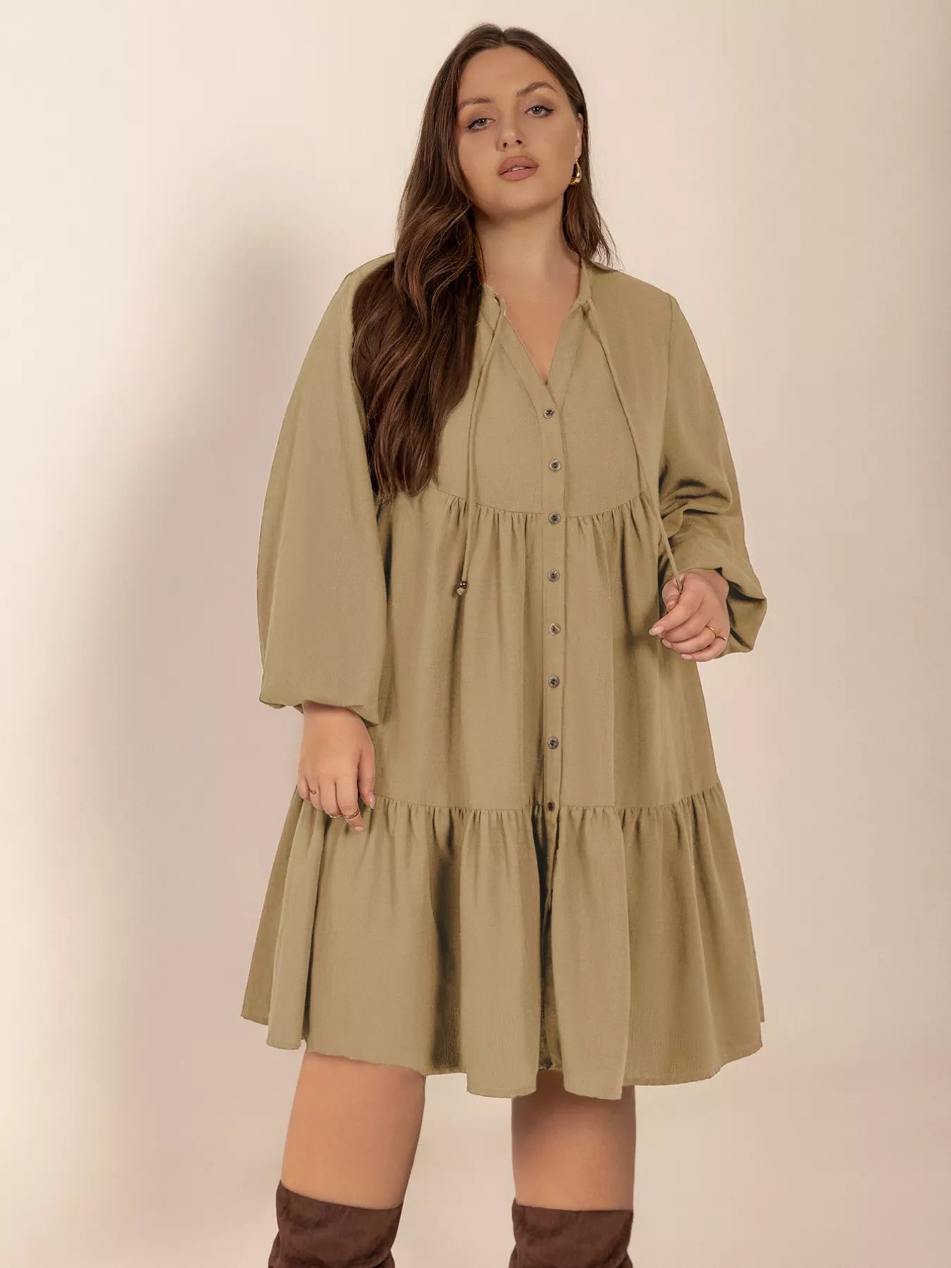 Plus Size Tie Neck Balloon Sleeve Dress - Glamourous Grace
